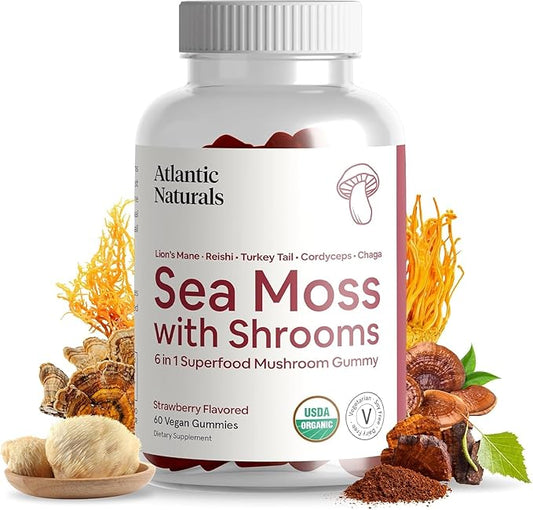 Atlantic Naturals Sea Moss with Shrooms - Mushroom Gummies Supplement - Organic Superfood with Irish Moss, Lion's Mane, Reishi, Cordyceps, Chaga & Turkey Tail - Focus, Energy, Immune Health - 60 ct
