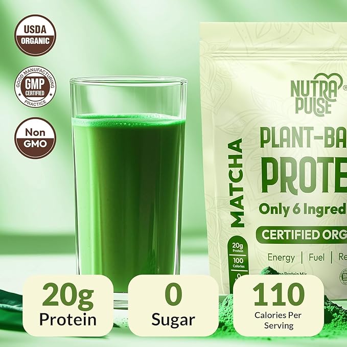 Organic Vegan Protein Powder – Matcha Flavor, Plant-Based, Gluten-Free, Non-GMO, 20g Protein Per Serving, Ideal for Smoothies, Shakes, Baking, Cooking (1 Pack, 20 Servings)