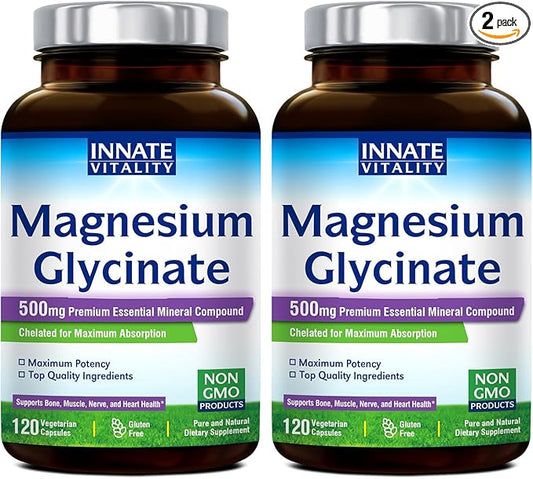 Innate Vitality Magnesium Glycinate 500mg | 70mg Elemental Magnesium Supplement- High Absorption, Non-GMO & No Gluten - Supports Nerve, Muscle, Bone & Heart Health - 240 Vegan Capsules Magnesio