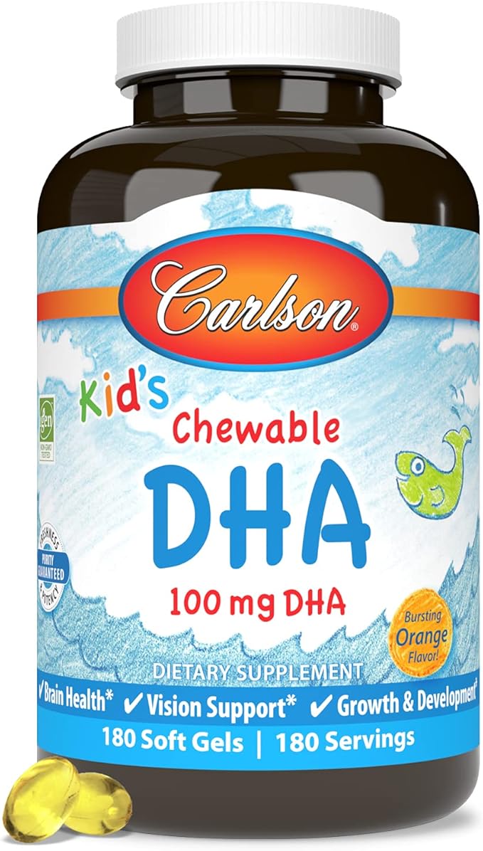 Carlson - Kid's Chewable DHA, 100 mg DHA, Brain Health, Vision Function, Growth & Development, Orange, 180 Chewable Softgels