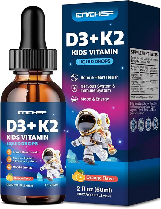 Vitamin D3 K2 Drops for Kids - Liquid Supplement with Magnesium for Calcium Absorption, Joint Health, Teeth & Heart - Non-GMO, Vegan, Orange, 2 Fl Oz - Kids Ages 4+