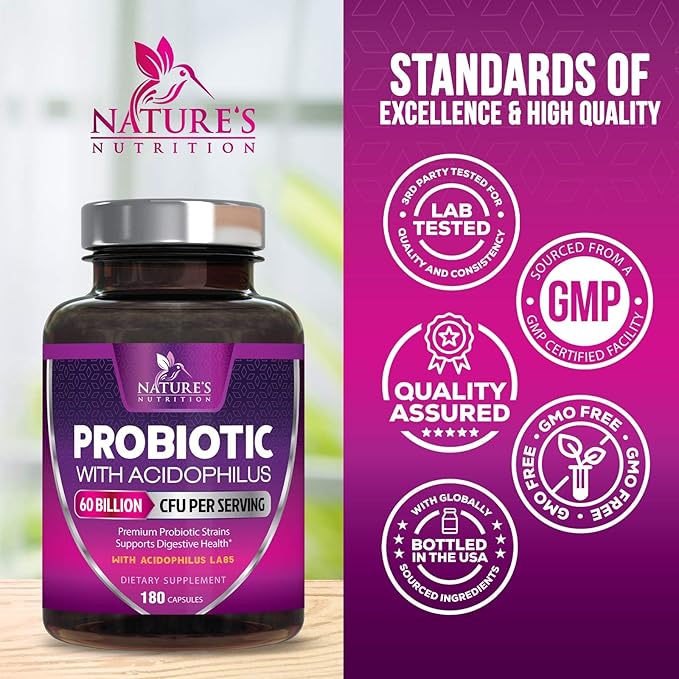 Probiotics 60 Billion CFU per Serving - 10 Strains + Prebiotics - Immune, Digestive & Gut Health Support, Supports Occasional Constipation, Gas & Bloating for Women & Men, Shelf Stable - 180 Capsules