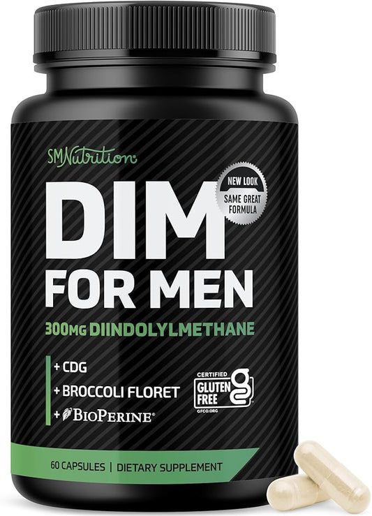 DIM 300mg For Men, Estrogen Blocker & Aromatase Inhibitor | Extra Strength Men’s Hormone Balance & Fitness Booster Supplement with Diindolylmethane Plus CDG & Sulforaphane | Gluten-Free | 60 Capsules