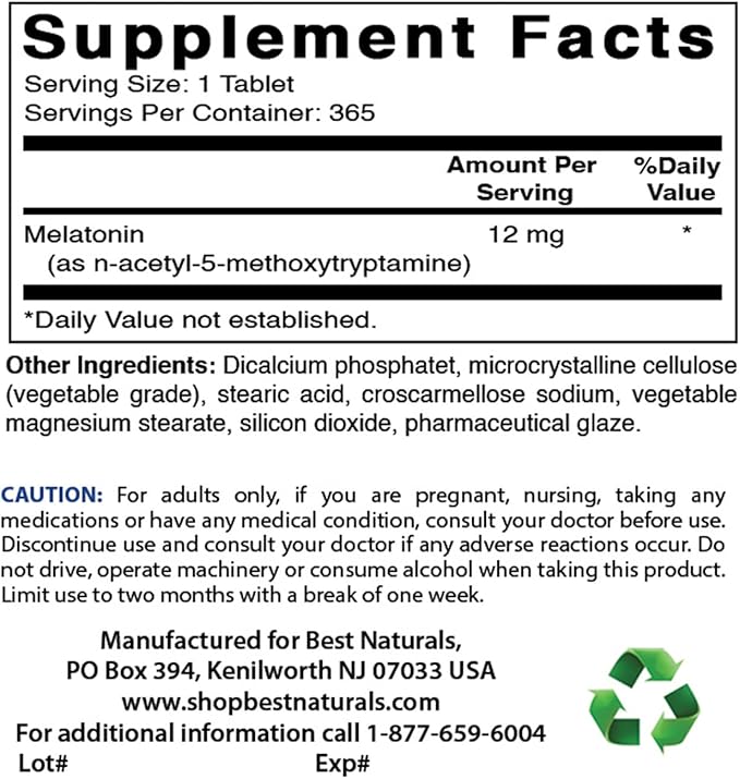 Best Naturals Melatonin 12 mg (1 Year Supply) - Drug-Free Nighttime Sleep Aid - Melatonin for Sleep and Relaxation, 365 Count (365 Count (Pack of 3))