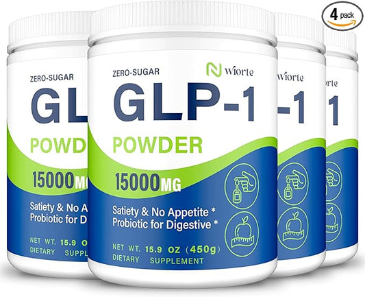 GLP-1 Supplement, Max Strength GLP-1 GLP1 Powder Supplements for Women & Men, Natural GLP-1 Support with Akkermansia Probiotic, High Fiber for Digestive & Gut, Metabolism, Energy, Vegan, 4 Pack