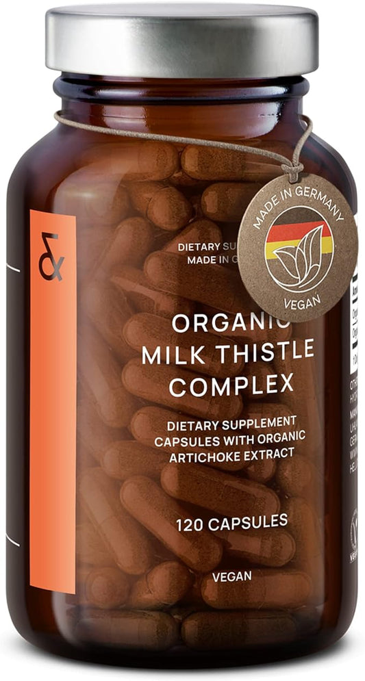 CLAV Organic Milk Thistle & Artichoke Extract Complex -Rich in Silymarin & Bitters - Liver Support + Detox Supplement - 120 Capsules (60 Days Supply) - Vegan - Made in Germany