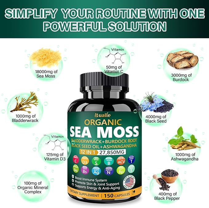 Organic Sea Moss Capsules 27,850mg with Sea Moss,Black Seed Oil,Ashwagandha,Bladderwrack,Ginger,Burdock Root for Immune System,Skin,Energy Support-USA Made (150 Capsules)