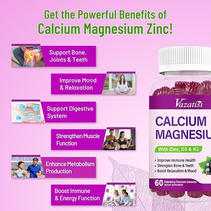 Calcium Magnesium Zinc Gummies with Vitamin D3 and K2, High Absorption Magnesium Glycinate Potassium for Immune and Muscles, Vegan Elderberry Flavor 60 Gummies