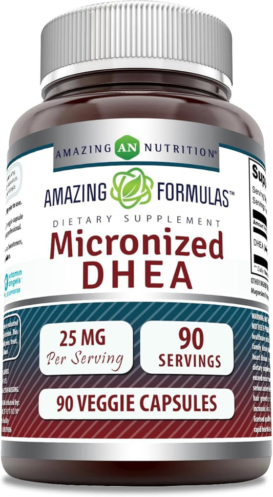 Amazing Formulas Micronized DHEA 25mg 90 Veggie Capsules Supplement | Non-GMO | Gluten Free | Made in USA | Ideal for Vegetarians | Dehydroepiandrosterone Capsules for Men & Women