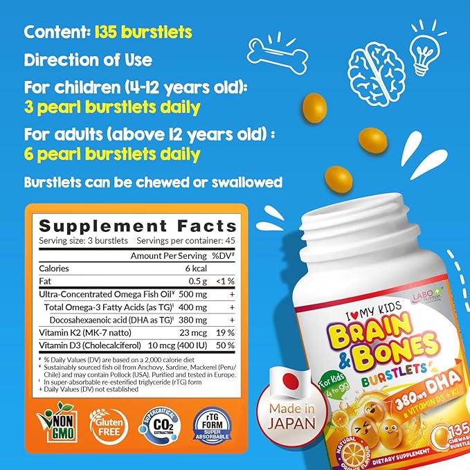 LABO Nutrition I My Kids Brain & Bones Chewable Burstlet, Gluten Free, for Stronger Bones & Behavioral Management, 76% Ultra-Concentrated rTG Form Omega 3 DHA Fish Oil, Vitamin D3 & K2, Orange