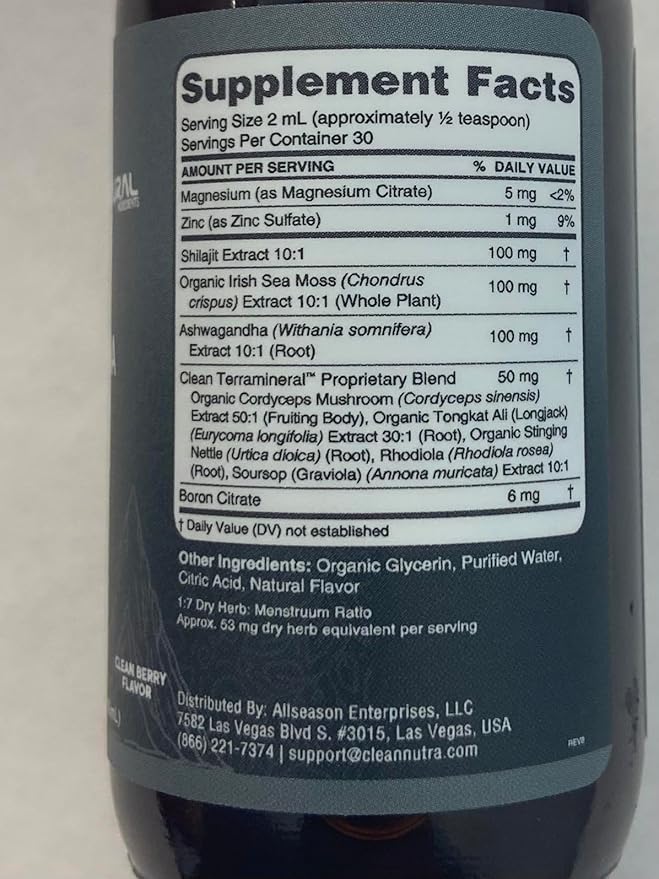 Clean Nutraceuticals Shilajit Liquid Drops with Sea Moss, Ashwagandha, Zinc, Magnesium, Liquid Vitamins for Women and Men - Terra Mineral
