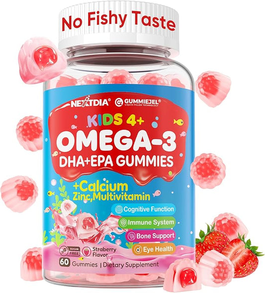 Omega 3 Gummies (EPA/DHA) for Kids 4+, Kids Multivitamin A B1 B2 B12 C D3 K2, Calcium Gluconate, Zinc, Selenium, lodine for Brain Cognition, Eye, Bone, Energy, Immune, No Fish Taste,Sugar Free