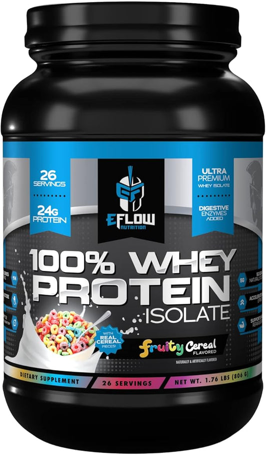 eFlow Nutrition 100% Whey Protein Isolate - Gluten & Lactose-Free Digestive Enzymes Added, Low Carb, Post Workout Shake, Fast Digesting for Optimal Muscle Recovery - Fruity Cereal (26 Servings)