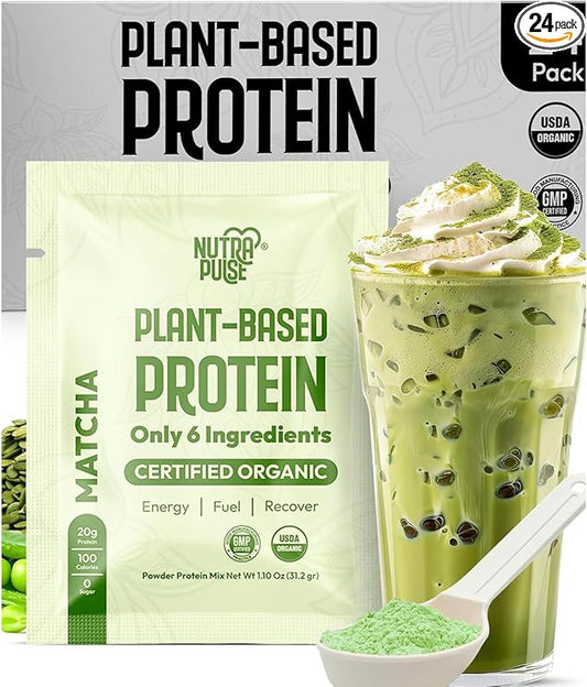Organic Vegan Protein Powder Sample Pack – Matcha Flavor – 31g Plant-Based Protein Per Serving – Gluten-Free, Non-GMO, Dairy-Free – Ideal for Smoothies & Shakes – 24 Count