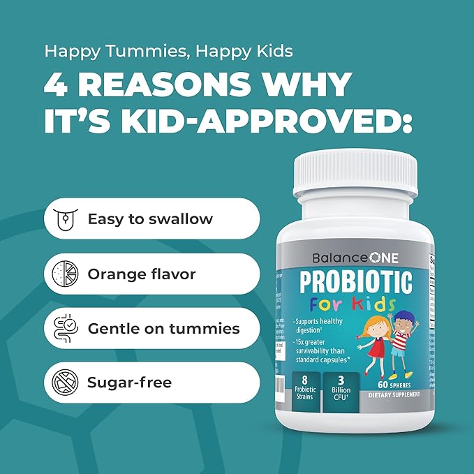 Balance ONE Time-Release Kids Probiotic - 15x Better Survivability Than Capsules or Gummies - 2 Month Supply - 3 Billion CFU Children’s Gut Health & Digestive Support - Sugar Free & Easy to Swallow