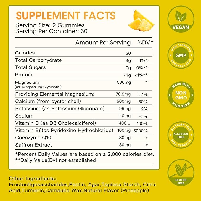 Magnesium Glycinate Gummies 500mg, Chewable Magnesium Supplement with Vitamin D3, B6, CoQ10, for Relaxation, Sleep & Mood Support, Calm Magnesium Gummies - 60 Pineapple Gummies