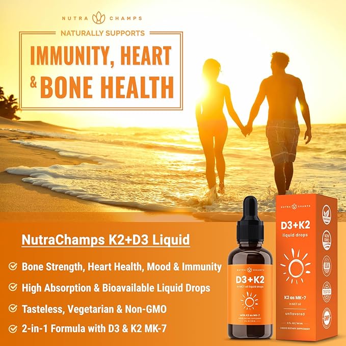NutraChamps Vitamin D3 K2 Drops, Liquid Vitamin D3 5000 IU & K2 D3 with MK7, Vitamin D Drops for Kids, Bones, Heart & Immune Health, Liquid Vitamin D in MCT Oil for Better Absorption