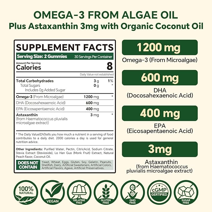 Vegan Omega 3 Gummies 1200mg - Dual Layer - Fish Oil Alternative, Marine Algae Omega 3 Supplement DHA 600mg, EPA 400mg with Astaxanthin,Sugar Free,60 Cts