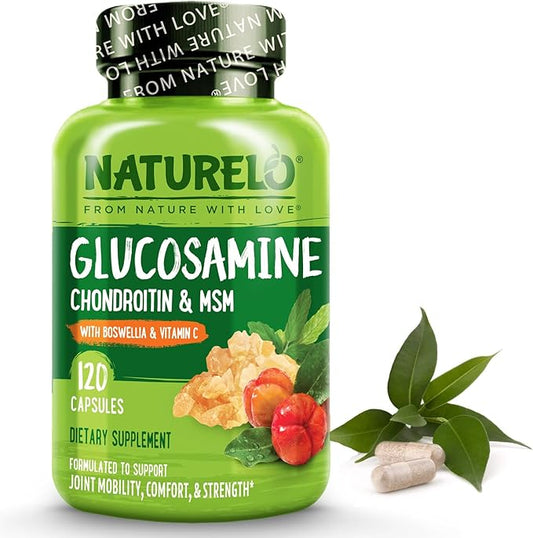NATURELO Glucosamine Chondroitin MSM with Boswellia and Vitamin C - Supplement for Joint Comfort, Mobility, and Strength - 120 Capsules
