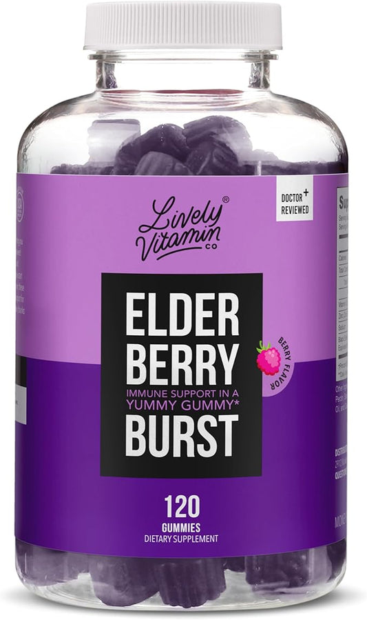 LIVELY VITAMIN CO. Elderberry Burst Gummies for Kids & Adults - Boosts Immune Health - Helps Avoid Colds & Illness - Black Elderberry, Vitamin C & Zinc - 3 Grams of Sugar - No Gelatin - 120 Gummies