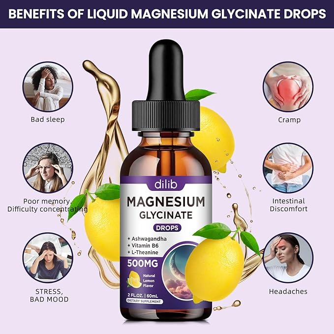Magnesium Glycinate Supplement, Magnesium Liquid Drops with Magnesium Glycinate 500mg Vitamin B6, Ashwagandha, L - Theanine, Chamomile -Support Stress Relief, Bone, Muscle, Mood Vegan
