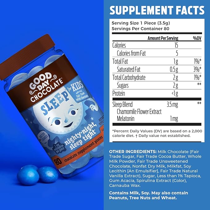 Good Day Chocolate Melatonin for Kids [80 Count] - Fair Trade Non-GMO Chocolate with Chamomile and Melatonin 1 mg - Toddler Melatonin, Kids Natural Sleep Aid for Ages 3 and Up