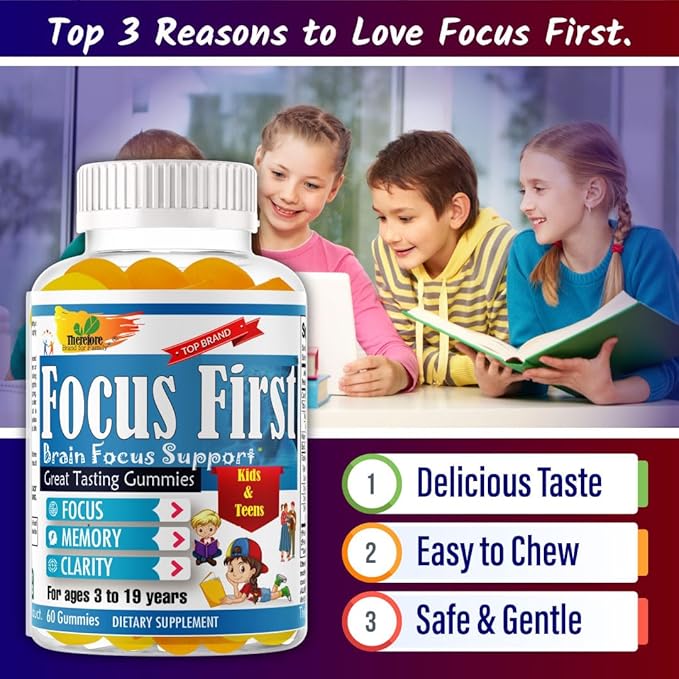 Focus First Kids Focus Support Gummies, Kids Brain Booster Focus Vitamins for Kids, Memory Booster Gummies for Brain with DHA/EPA Omega 3 6 9-60ct