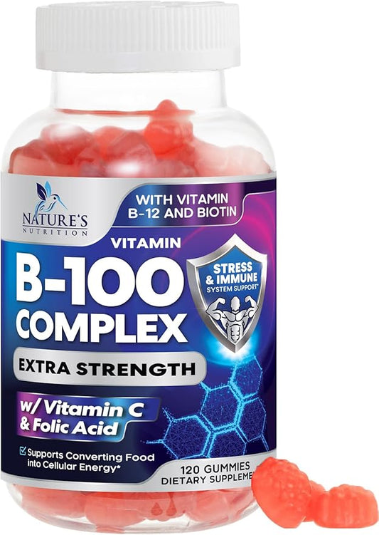 B Complex Gummy with Vitamin C & Folic Acid, Extra Strength Vitamin B Gummies Supplement with Niacin, B6, Folic Acid, Super B12, Biotin, Nature's Energy Immune Support Supplements - 120 Gummies