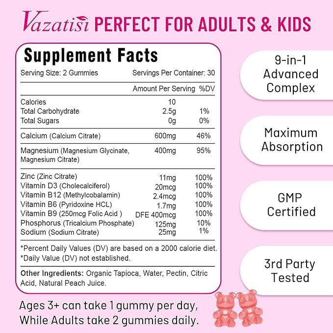Calcium Magnesium Zinc Gummies with Vitamin D3 B12, Calcium Supplements for Women Men, Support Immunity, Peach Flavor 60 Cts