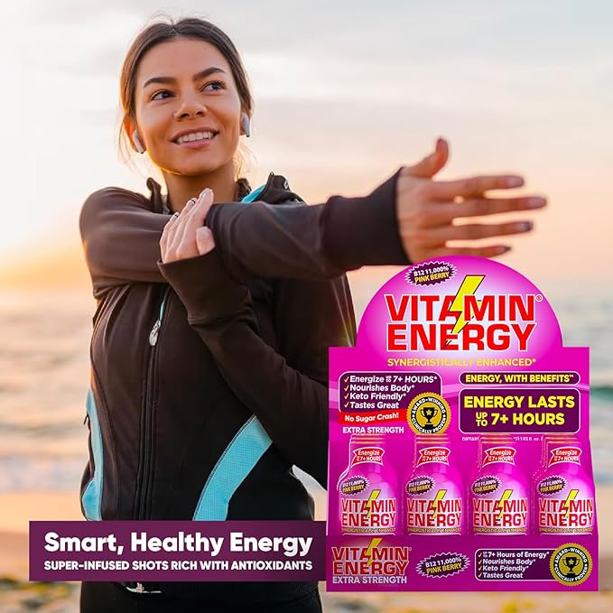 Vitamin Energy B12 11,000% Extra Strength Energy Shot Pink Berry 24 Pack, 260mg Natural Caffeine, B12 & B6, Nootropic Focus, Vitality, Zero Sugar, Gluten-Free, Vegan, Kosher, 1.93 fl oz
