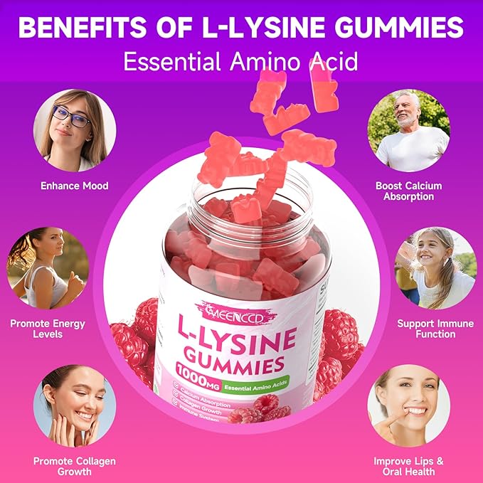 2 Pack L-Lysine 1000mg Gummies, Lysine Supplement for Adults & Kids, Essential Amino Acid for Lips & Oral Health, Boost Immune & Collagen & Calcium, Sugar-Free, Raspberry Flavor, 120 Count