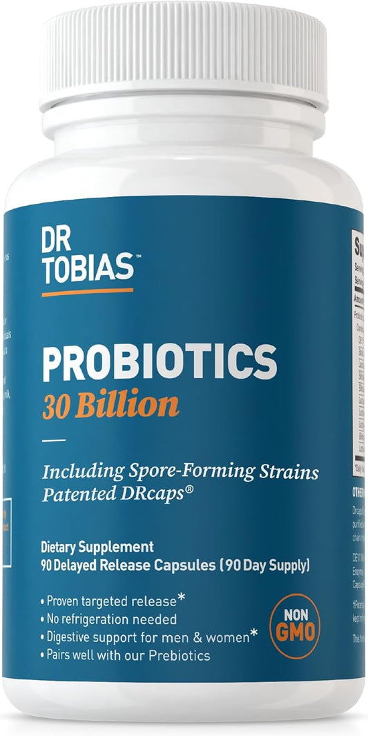 Dr. Tobias Probiotics 30 Billion, 10 Strains, 30 Billion CFU's, Targeted Release Probiotics for Women & Men, Supports Digestive Health, Shelf-Stable, Non-GMO, 90 Capsules, 90 Servings