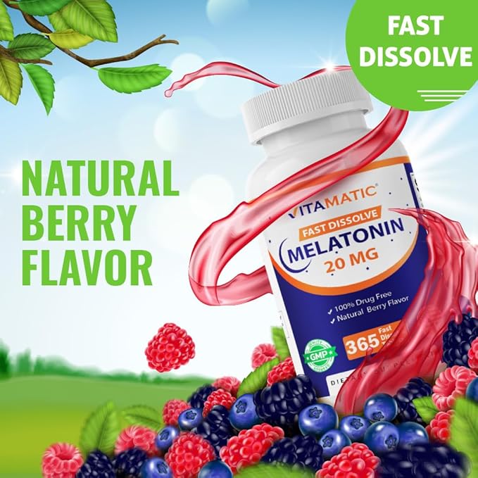Vitamatic Melatonin 20 mg Tablets | Vegetarian, Non-GMO, Gluten Free | 1 Year Supply | Natural Berry Flavor - 365 Tablets