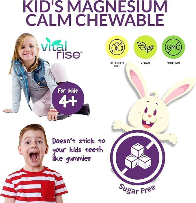 Kids Magnesium Chewables - Daily Supplement, Sugar-Free & Melatonin-Free, Supports a Healthy Stress Response & Focus, Fast-Absorbing Magnesium with L-Theanine, Mixed Fruit Flavor,