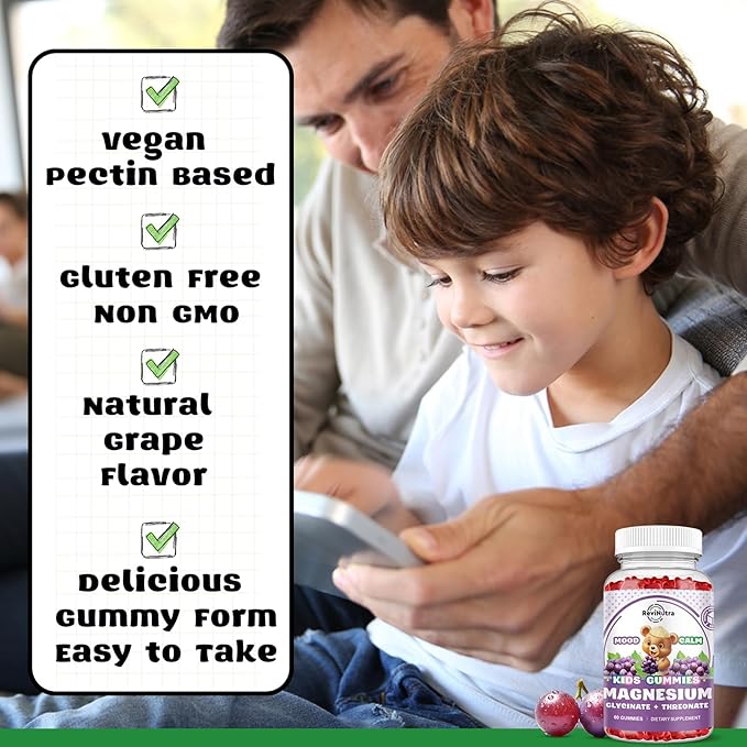 Magnesium Complex Gummies for Kids & Adults- Magnesium Glycinate, Threonate Supplement- Support Calm Stress Relief, Bones, Mood Vegan- Sugar-Free Grape Flavor, 60 Gummies