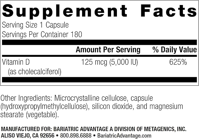 Bariatric Advantage Vitamin D3 5,000 IU - Bariatric Vitamin D - Water-Miscible - Bone Strength Support* - Vitamin D Capsule - Easy Swallow Capsule - for Bariatric Patients - 180 Count