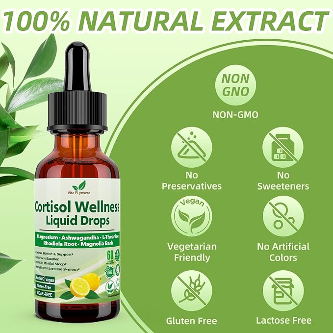Cortisol Supplement Liquid Drops, 17-in-1 Cortisol Detox w. Magnesium Glycinate 400mg Ashwagandha, L-Theanine, Phosphatidylserine, Hormone Balanced for Women, Mood Focus, Sleep Support