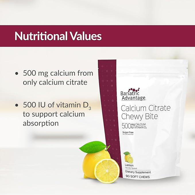 Bariatric Advantage Calcium Citrate Chewy Bites 500 mg - for Bariatric Surgery Patients - Vitamin D3 - Sugar-Free Chewable Calcium Supplement - Bariatric Calcium Chews - Lemon Flavor - 90 Count