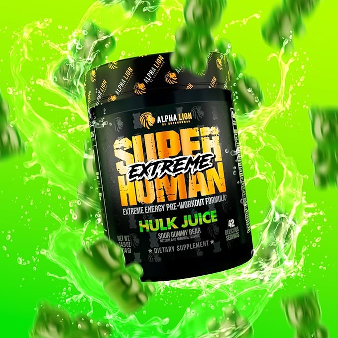 ALPHA LION Superhuman Extreme High Stim Pre Workout Powder, Beta Alanine, L-Taurine & 356mg Tri-Source Caffeine for Sustained Energy, Nitric Oxide & Citrulline for Pump (21 Servings, Sour Gummy Bear)
