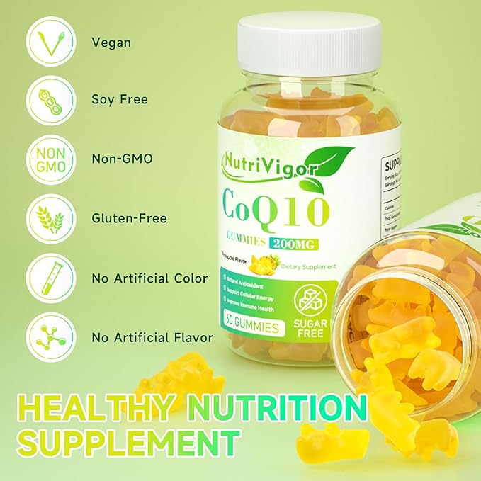 CoQ10 Gummies, Coenzyme Q10 Supplement 200 mg, High Absorption CoQ10 Supplement for Cellular Energy and Immune Health, Vegan, Gluten Free, Pineapple Flavor, 60 Count