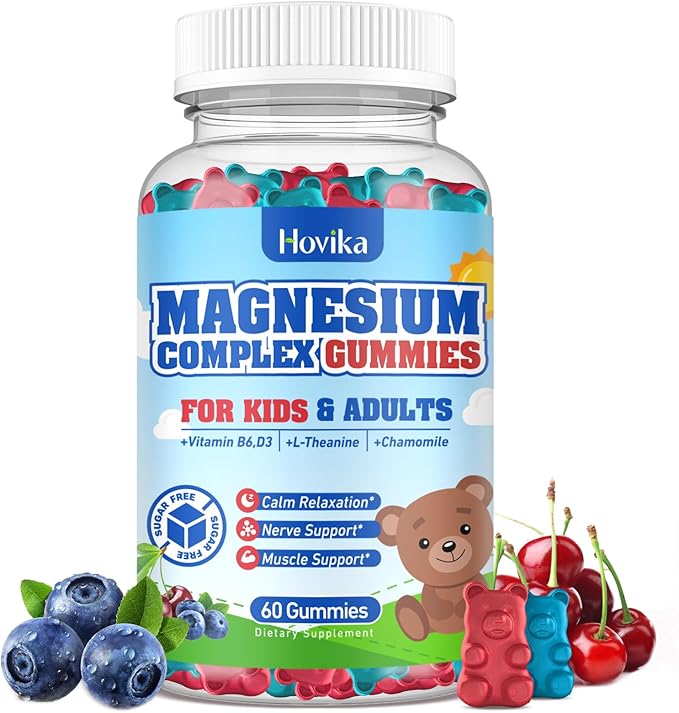 Kids Magnesium Gummies - Magnesium Glycinate Citrate Chewable Supplement with Vitamin B6, D3, Passion Flower, L-theanine - Sugar Free Calm Magnesium for Kids & Adults Sleep, Mood, Relaxation, 60 Chews