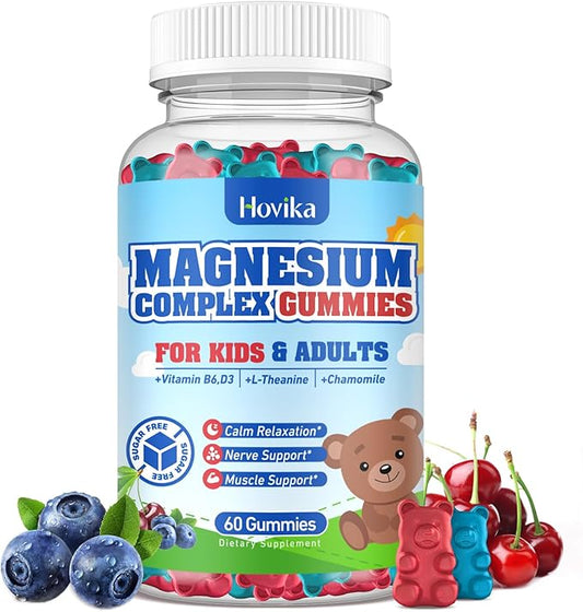 Kids Magnesium Gummies - Magnesium Glycinate Citrate Chewable Supplement with Vitamin B6, D3, Passion Flower, L-theanine - Sugar Free Calm Magnesium for Kids & Adults Sleep, Mood, Relaxation, 60 Chews