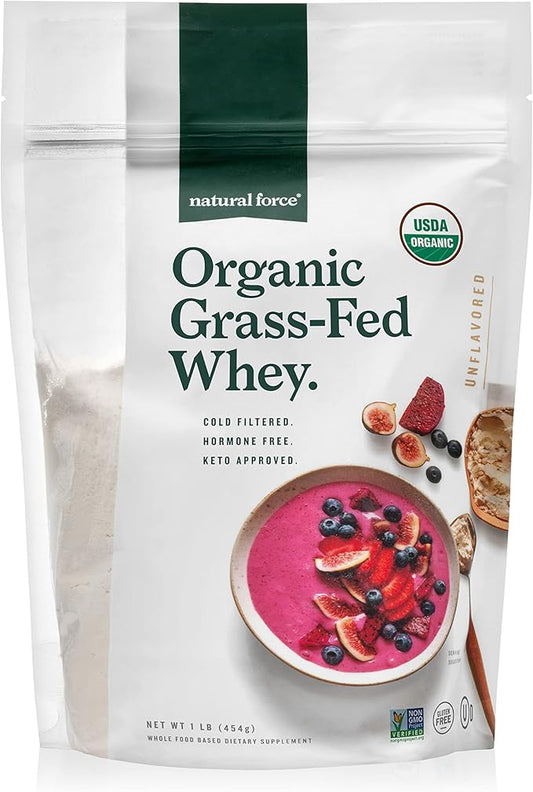 Natural Force Grass Fed Organic Whey Protein Powder - Non GMO, Keto Friendly, Low Carb, Kosher - Lab Tested for Toxins - Pure & Unflavored - 16 oz.