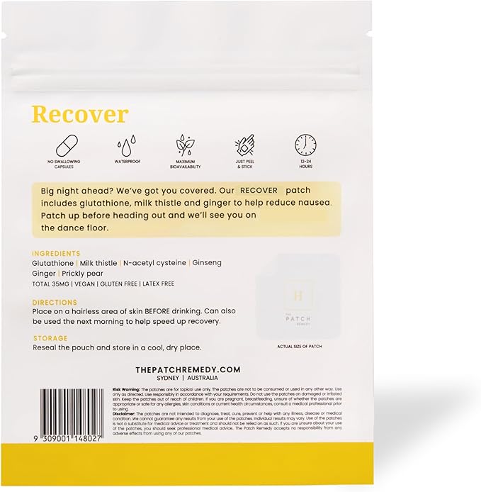 The Patch Remedy Recover Patch - 30 Topical Patches for a Night Out with Glutathione & Milk Thistle Extract for Pre & Post Party Recovery Relief Transdermal Skin Support