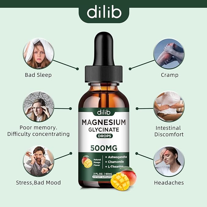Magnesium Glycinate Supplement, Magnesium Liquid Drops with Magnesium Glycinate 500mg Ashwagandha, L - Theanine, Chamomile -Support Stress Relief, Bone, Muscle, Mood Vegan Natural Mango Flavor
