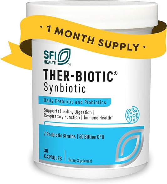 Klaire Labs SFI Health Ther-Biotic Synbiotic Prebiotics & Probiotics for Women & Men - Daily Probiotic with Low FODMAP Prebiotic - Gut, Immune, Respiratory & Digestive Health Support (30 Capsules)