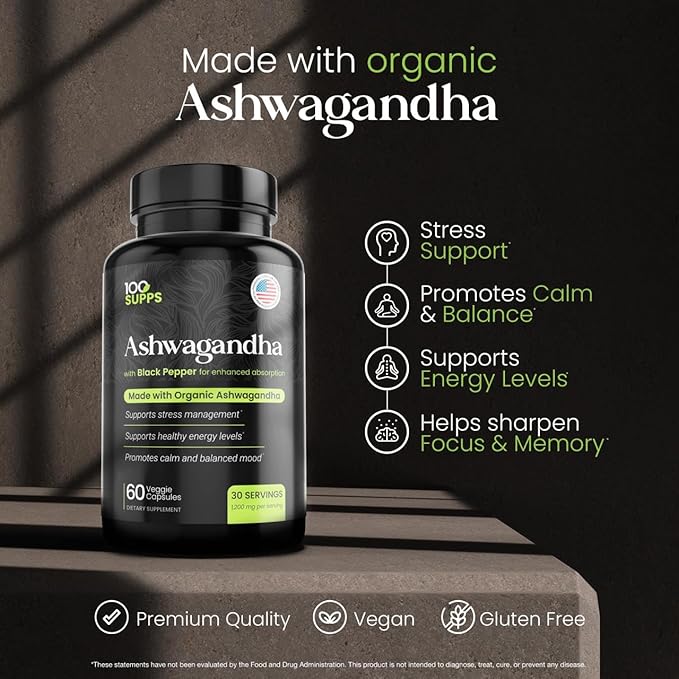 Ashwagandha with Black Pepper – 1,200 mg | 60 Veggie Capsules, 30-Day Supply | Made with Organic Ashwagandha, Gluten-Free, Manufactured in USA