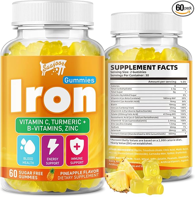 Iron Gummies with Multivitamin for Adults & Kids – Packed with Vitamin B6, B12, C, Zinc, and Folate – for Blood Health & Energy Boost – Pineapple Flavor, Vegan-Friendly, 60 Gummies