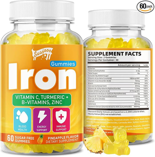 Iron Gummies with Multivitamin for Adults & Kids – Packed with Vitamin B6, B12, C, Zinc, and Folate – for Blood Health & Energy Boost – Pineapple Flavor, Vegan-Friendly, 60 Gummies