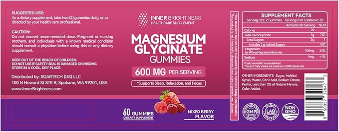 Magnesium Glycinate Gummies 600mg, Non-GMO, Gluten-Free, Magnesium Gummies for Adults, Sleep, Relaxation & Focus, Mixed Berry, 120 Count